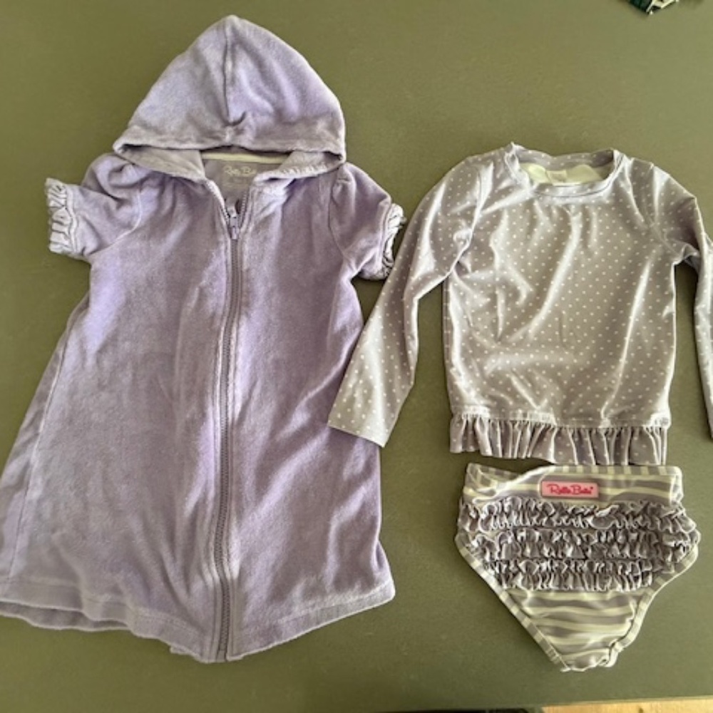 RuffleButts Girls Terry Full-Zip Cover Up & 2 Piece Long Sleeve Swimsuit Size 5